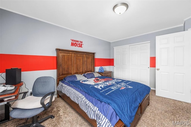 carpeted bedroom with ornamental molding, an office area, a closet, and baseboards