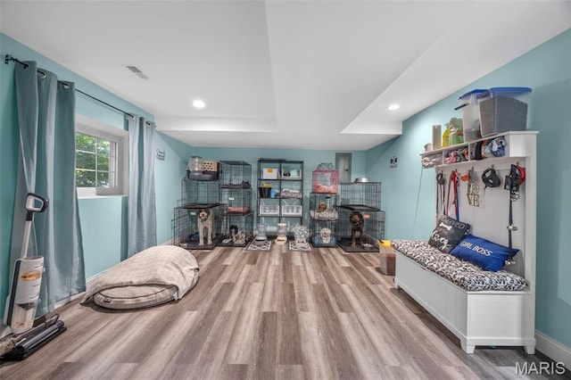 recreation room with wood finished floors, recessed lighting, a tray ceiling, and baseboards