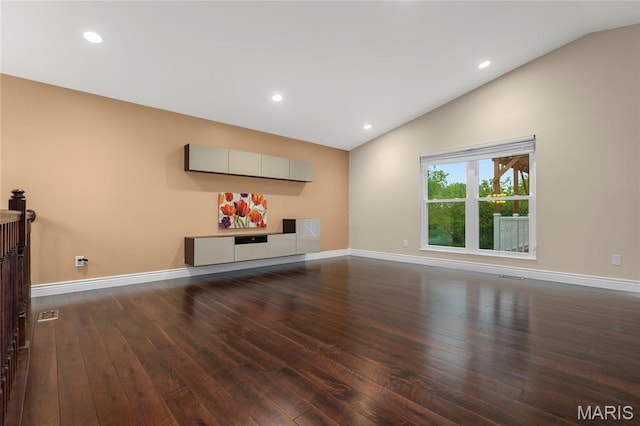 2022 Tramore Ct, Chesterfield, MO 63017 - unfurnished living room featuring lofted ceiling, hardwood / wood-style flooring, baseboards, and recessed lighting