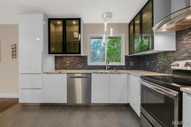 2022 Tramore Ct, Chesterfield, MO 63017 - kitchen featuring stainless steel appliances, a sink, wall chimney exhaust hood, backsplash, and white cabinetry