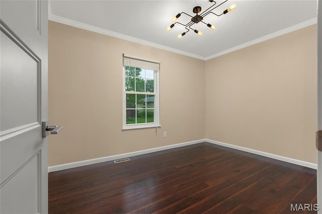 2022 Tramore Ct, Chesterfield, MO 63017 - unfurnished room with a chandelier, ornamental molding, dark wood-type flooring, and baseboards