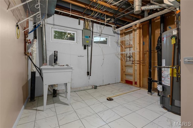 2022 Tramore Ct, Chesterfield, MO 63017 - below grade area featuring gas water heater, electric panel, and marble finish flooring