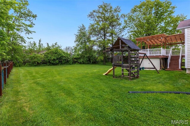 2022 Tramore Ct, Chesterfield, MO 63017 - view of yard featuring a playground, stairway, a pergola, and a deck