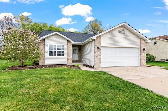705 Fulton St, Gillespie, IL 62033 - ranch-style home featuring brick siding, a garage, concrete driveway, a front yard, and a shingled roof