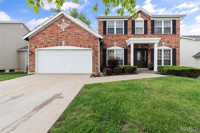 1325 Auburn Hills Dr, Saint Charles, MO 63304 - colonial inspired home featuring brick siding, a front yard, an attached garage, and concrete driveway