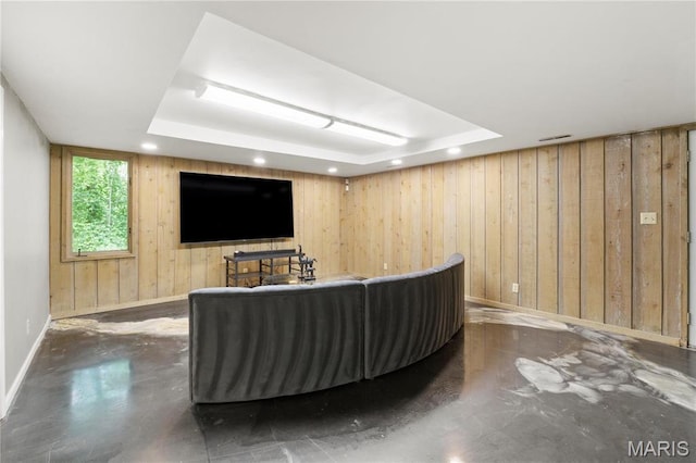 1626 Viola Dr, Imperial, MO 63052 - bar area with a tray ceiling, baseboards, wooden walls, recessed lighting, and finished concrete flooring