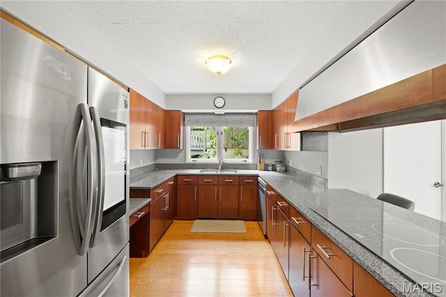 1626 Viola Dr, Imperial, MO 63052 - kitchen featuring stainless steel appliances, a textured ceiling, a sink, light wood-style flooring, and wall chimney range hood