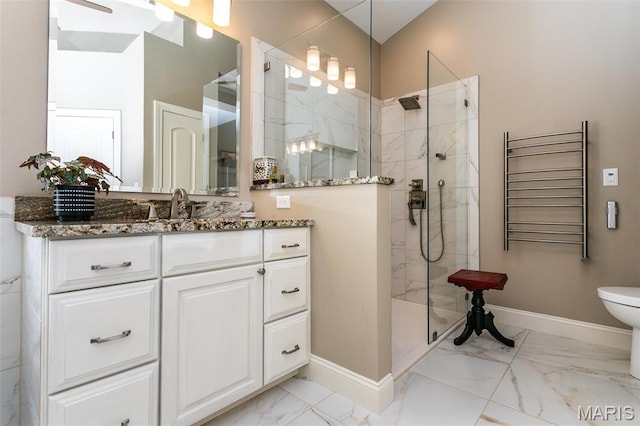 100 Waterfall Ct, Glen Carbon, IL 62034 - full bath with marble look tile flooring, radiator heating unit, a walk in shower, vanity, and baseboards