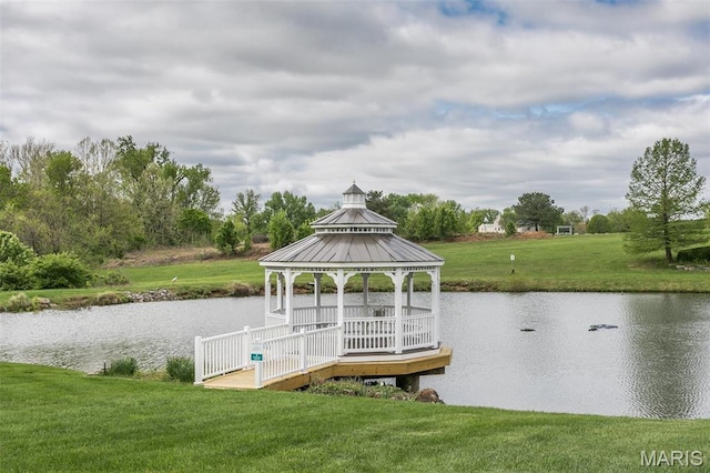 100 Waterfall Ct, Glen Carbon, IL 62034 - dock area featuring a gazebo, a water view, and a yard