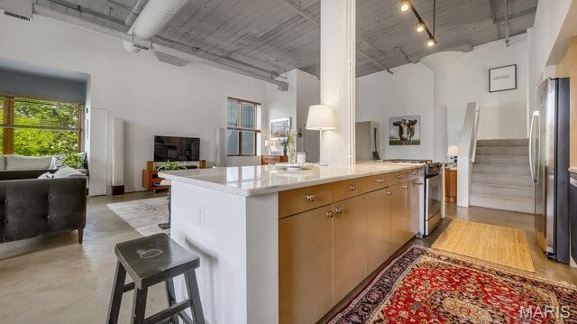4100 Laclede Ave Unit 314, Saint Louis, MO 63108 - kitchen with appliances with stainless steel finishes, open floor plan, light countertops, concrete floors, and a breakfast bar area