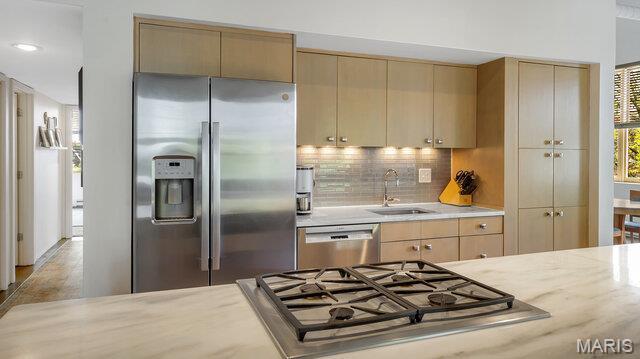 4100 Laclede Ave Unit 314, Saint Louis, MO 63108 - kitchen featuring stainless steel appliances, a sink, decorative backsplash, light stone counters, and wood finished floors
