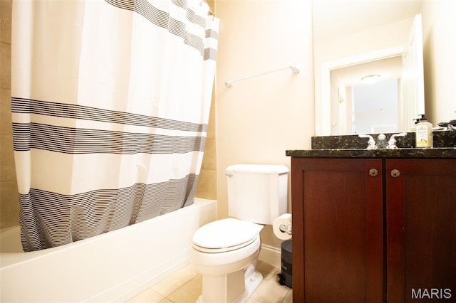 full bath featuring shower / bathtub combination with curtain, tile patterned flooring, toilet, and vanity