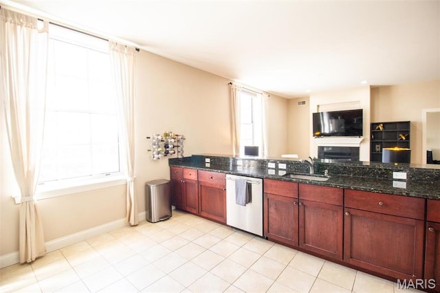 kitchen with stainless steel dishwasher, a sink, and healthy amount of natural light