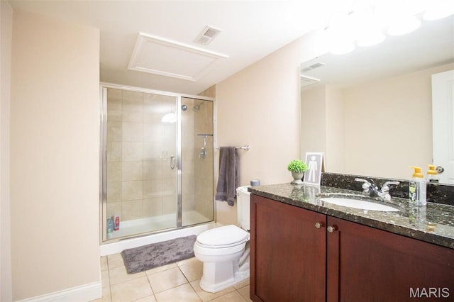 bathroom with tile patterned floors, a stall shower, toilet, and vanity