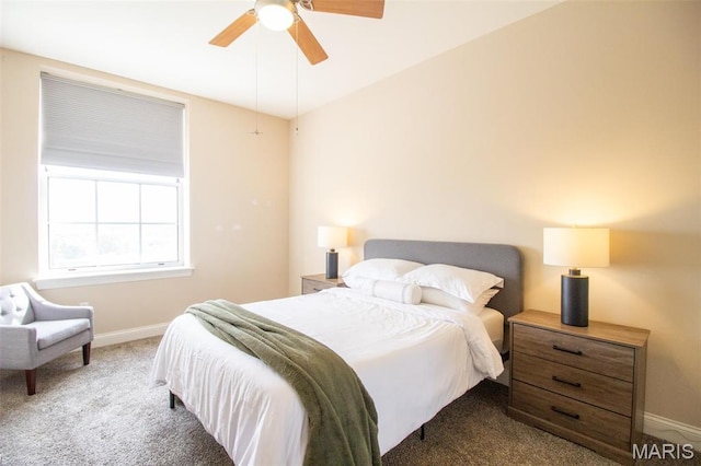 bedroom with carpet floors, baseboards, and a ceiling fan