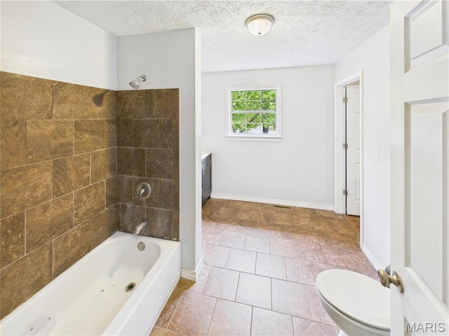 14075 Howard Ln, Dixon, MO 65459 - bathroom featuring shower / tub combination, toilet, tile patterned flooring, a textured ceiling, and baseboards