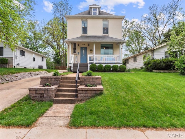 218 Euclid Ave, Rock Hill, MO 63119 - american foursquare style home with covered porch, a front yard, and central AC unit