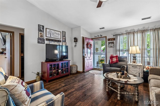 111 Edwards Ln, Park Hills, MO 63601 - living room with lofted ceiling, wood finished floors, ceiling fan, and baseboards