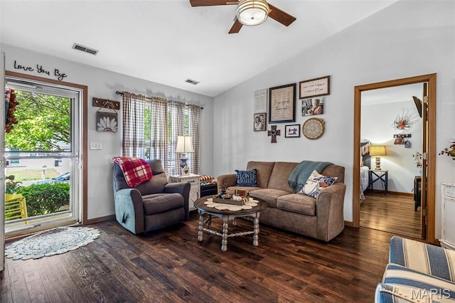 111 Edwards Ln, Park Hills, MO 63601 - living room with wood finished floors, ceiling fan, lofted ceiling, and baseboards