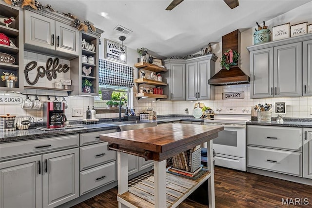 111 Edwards Ln, Park Hills, MO 63601 - kitchen with open shelves, electric stove, gray cabinets, a sink, and decorative backsplash