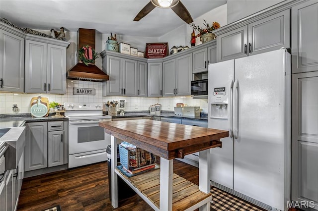111 Edwards Ln, Park Hills, MO 63601 - kitchen with white appliances, gray cabinetry, wall chimney exhaust hood, dark countertops, and backsplash