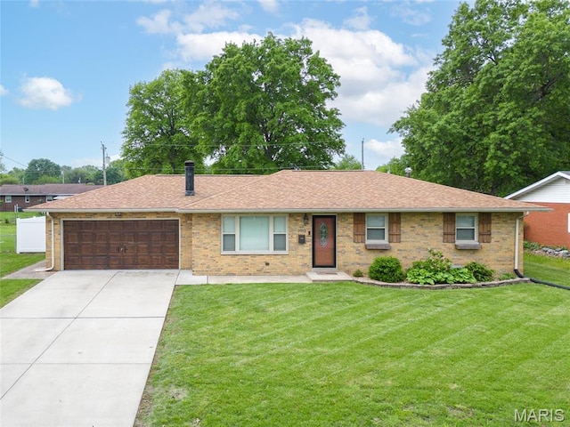 2212 Dawn Pl, Granite City, IL 62040 - ranch-style house featuring a front yard, brick siding, driveway, a shingled roof, and an attached garage
