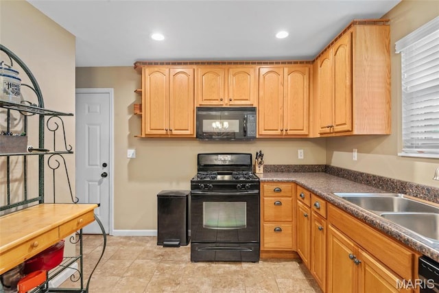 2212 Dawn Pl, Granite City, IL 62040 - kitchen with black appliances, a sink, dark countertops, open shelves, and recessed lighting