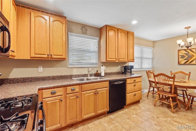 2212 Dawn Pl, Granite City, IL 62040 - kitchen featuring dishwasher, a sink, gas range, a chandelier, and dark countertops
