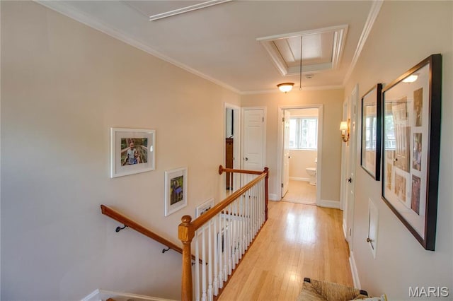 1210 Mckinley Blvd, Alton, IL 62002 - corridor with attic access, an upstairs landing, light wood-type flooring, baseboards, and crown molding