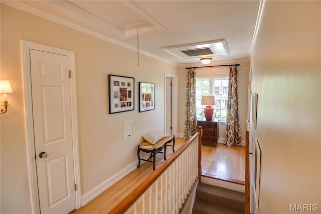 1210 Mckinley Blvd, Alton, IL 62002 - hallway with attic access, crown molding, wood finished floors, and baseboards