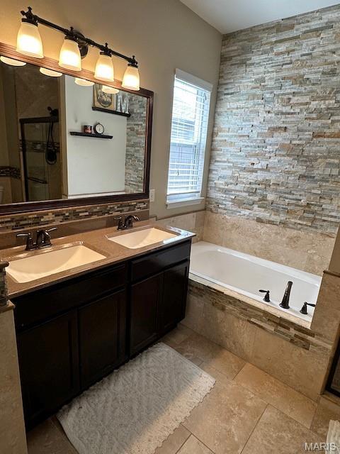203 Chadwyck Cir, Herculaneum, MO 63048 - full bath featuring a bath, double vanity, an enclosed shower, and tile patterned floors
