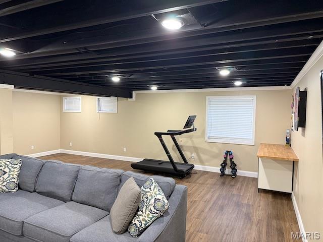 203 Chadwyck Cir, Herculaneum, MO 63048 - living room featuring baseboards, wood finished floors, and crown molding