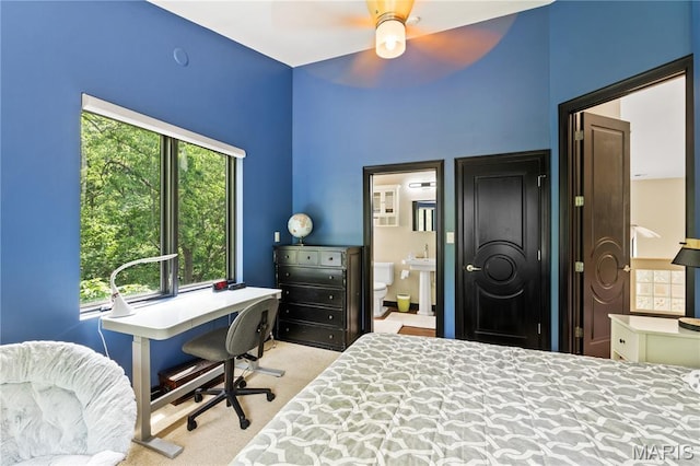 400 Gabriel Dr, Kirkwood, MO 63122 - bedroom with carpet floors, connected bathroom, an office area, and ceiling fan