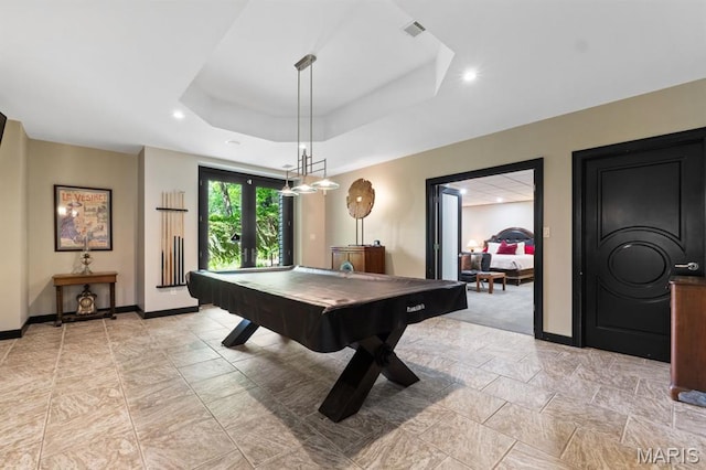 400 Gabriel Dr, Kirkwood, MO 63122 - recreation room with billiards table, a raised ceiling, recessed lighting, and light stone finish floors