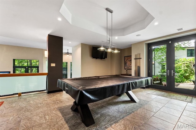 400 Gabriel Dr, Kirkwood, MO 63122 - playroom featuring french doors, healthy amount of natural light, a tray ceiling, recessed lighting, and billiards table