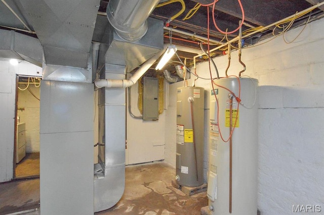 utility room featuring gas water heater, electric water heater, and electric panel