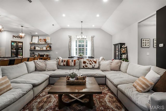 1350 Madison 500, Fredericktown, MO 63645 - living area featuring a chandelier, vaulted ceiling, and recessed lighting