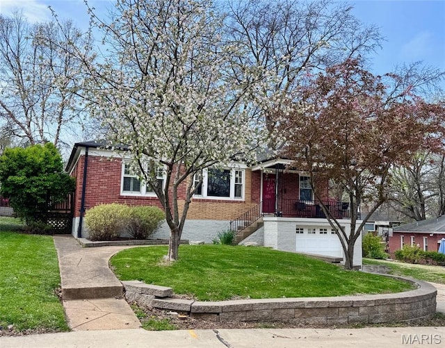 obstructed view of property with brick siding, a front lawn, a garage, and driveway