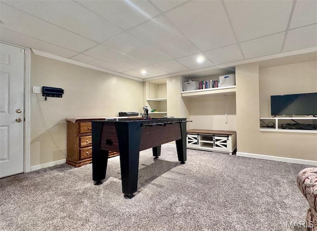 playroom with a paneled ceiling, carpet, baseboards, and recessed lighting
