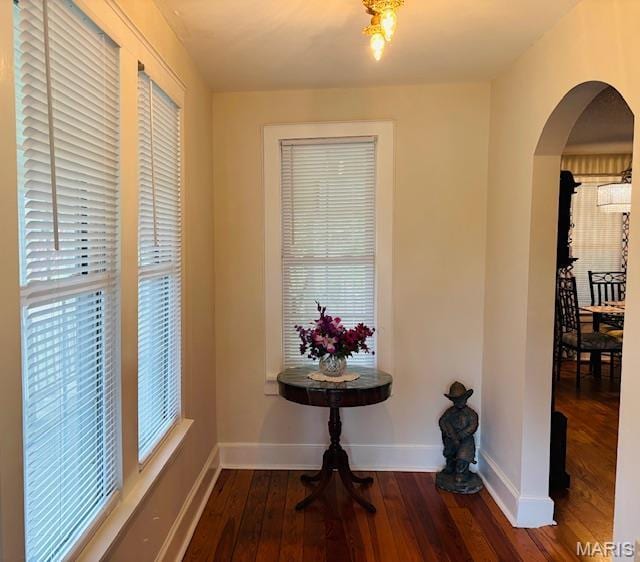 305 Frisco St, Steelville, MO 65565 - hall with arched walkways, hardwood / wood-style floors, and baseboards