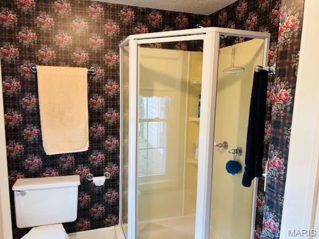 305 Frisco St, Steelville, MO 65565 - full bath with wallpapered walls, a shower stall, toilet, and baseboards