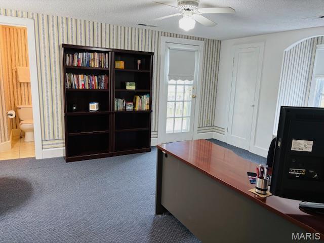 305 Frisco St, Steelville, MO 65565 - office space featuring wallpapered walls, a ceiling fan, a textured ceiling, carpet floors, and baseboards