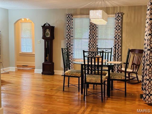 305 Frisco St, Steelville, MO 65565 - dining room featuring arched walkways, wood finished floors, and baseboards
