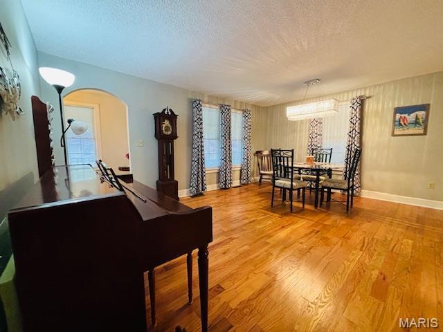 305 Frisco St, Steelville, MO 65565 - dining space with a textured ceiling, arched walkways, light wood-style floors, and baseboards