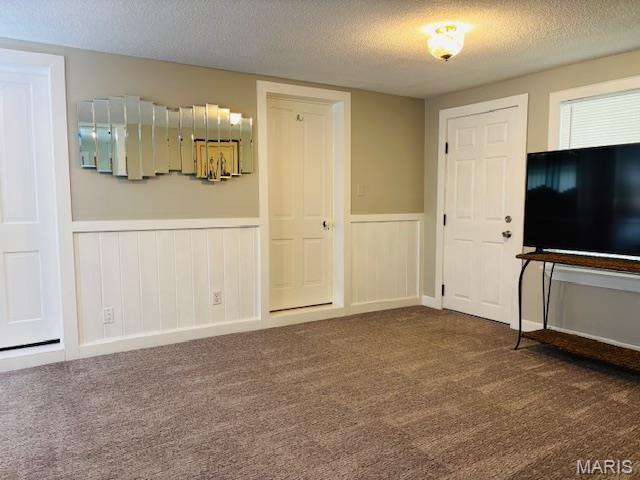 305 Frisco St, Steelville, MO 65565 - unfurnished bedroom featuring a textured ceiling, a wainscoted wall, and carpet flooring