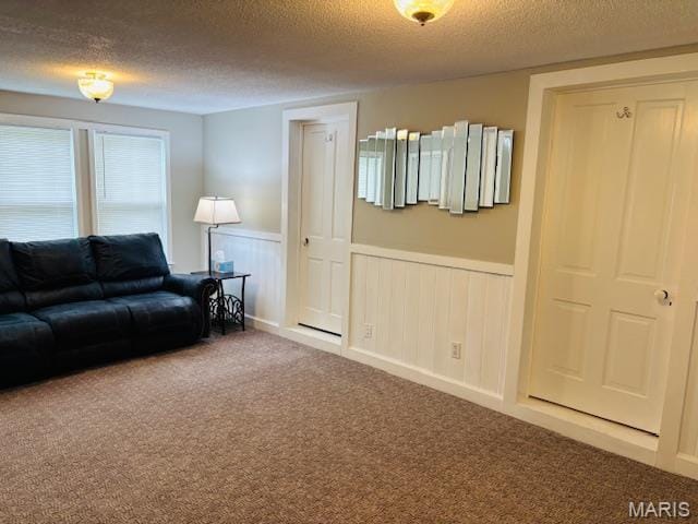 305 Frisco St, Steelville, MO 65565 - carpeted living area with a textured ceiling and a wainscoted wall