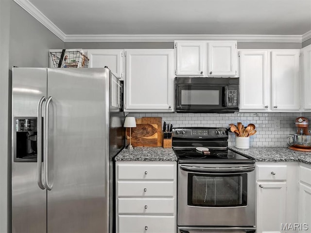 447 Omar Ct, Saint Peters, MO 63376 - kitchen with stainless steel appliances, white cabinetry, light stone counters, backsplash, and ornamental molding