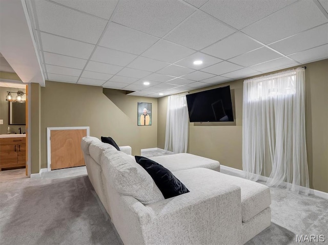 447 Omar Ct, Saint Peters, MO 63376 - carpeted bedroom with baseboards, a sink, a paneled ceiling, ensuite bath, and recessed lighting
