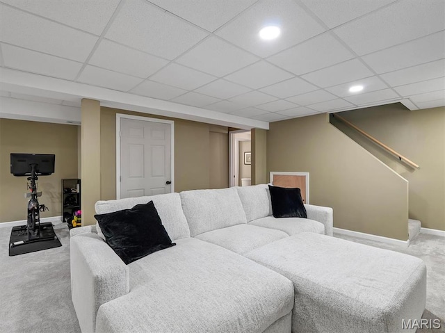 447 Omar Ct, Saint Peters, MO 63376 - carpeted living area with baseboards, a drop ceiling, recessed lighting, and stairway
