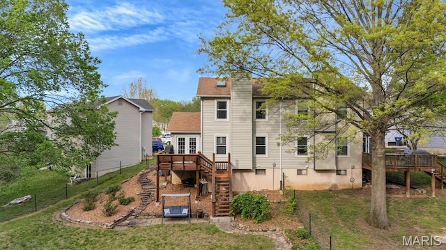 447 Omar Ct, Saint Peters, MO 63376 - rear view of house featuring stairway, a wooden deck, and a chimney